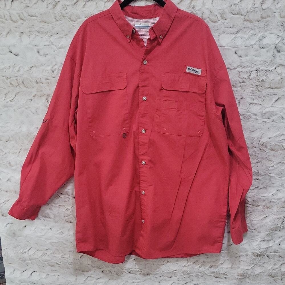 Columbia PFG Cherry Red Button-Up PFG Fishing Shirt, Mens Sz L. Utility